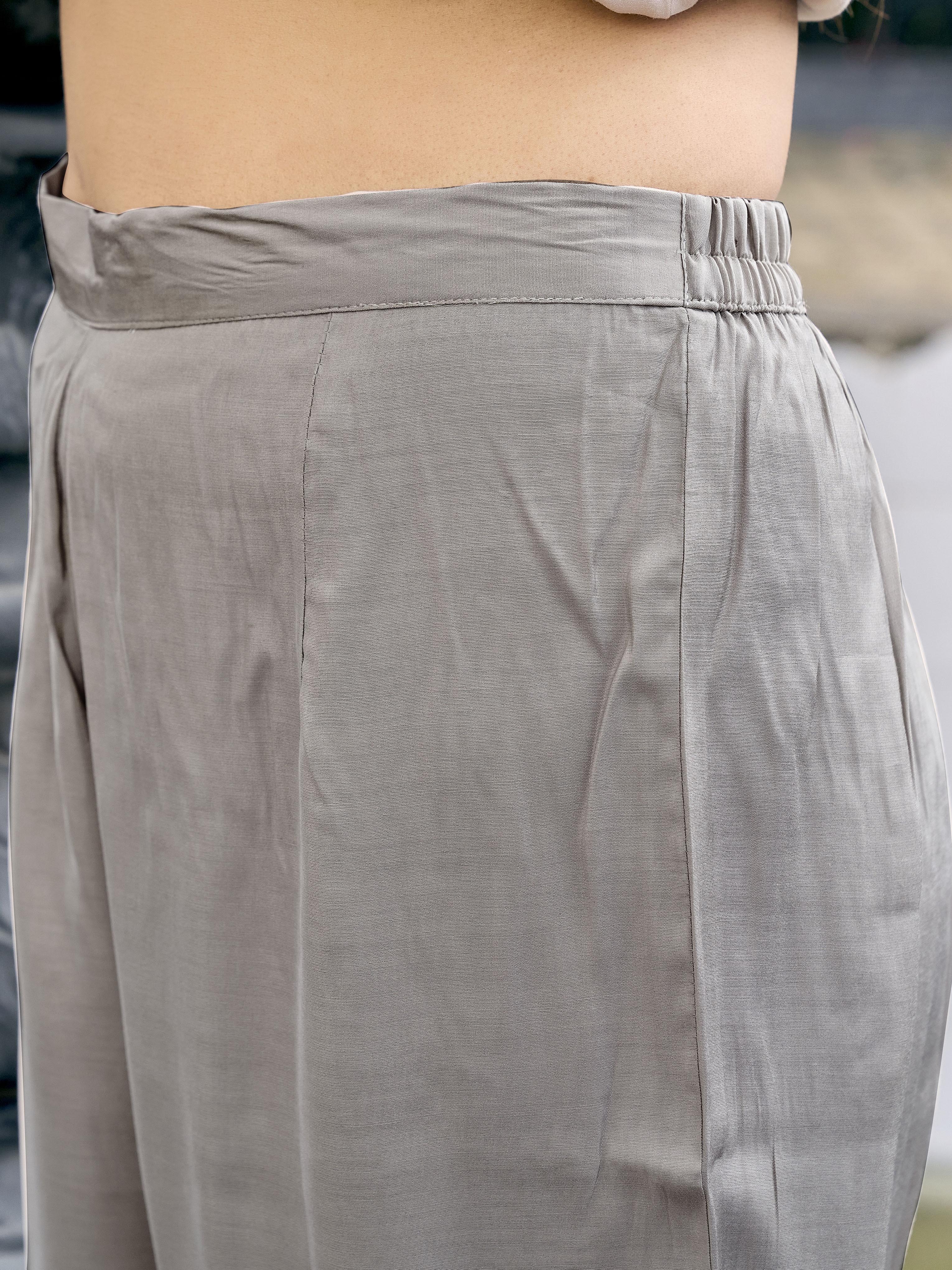 Steel Grey color silk blend thread & sequence work on neck A-line kurta & trouser with dupatta set